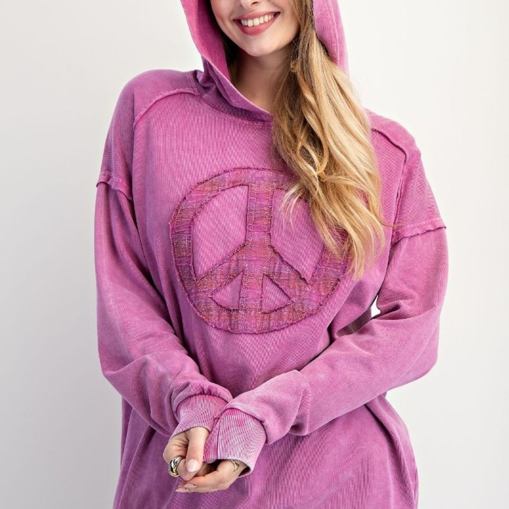 NEW EASEL CLOTHING WASHED TERRY KNIT PULLOVER PEACE HOODIE Purple SWEATSHIRT - Picture 9 of 10